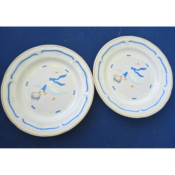 Newcor Other - Newcor Stoneware Countryside Geese Salad Plates Set - 2 VTG Blue Ribbon Rim 7.5"
